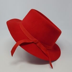 DORFMAN PACIFIC CO. DPC RED HAT 100% WOOL RED RIBBON ACCENT WOMEN SIZE MEDIUM
